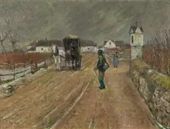 Emil Strecker, Stagecoach on the street near Dürnstein, oil on canvas