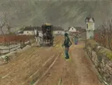 Emil Strecker, Stagecoach on the street near Dürnstein, oil on canvas