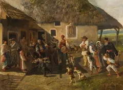 Josef Berres, Showman with trained dogs in a village, oil on canvas