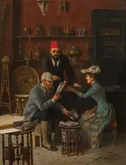 Moritz Stifter, Visit to an oriental antiques dealer, oil on panel