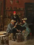 Moritz Stifter, Visit to an oriental antiques dealer, oil on panel