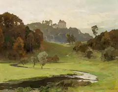 Small castel in a landscape with a stream by Edward Harrison Compton, c. 1909, oil on canvas, offered Jul 2021