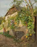 Elise Kinzel, Farmhouse with front yard in bloom, oil on cardboard