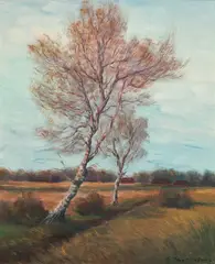 Feodor (Theodor) Szerbakow, Birken im Herbst" (birches in autumn), oil on hardboard