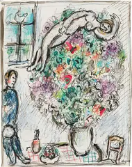 Marc Chagall, Le nu sur le bouquet, 1978, oil crayon, gouache, ink, pencil, fine fabric, papier collé on paper