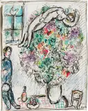 Marc Chagall, Le nu sur le bouquet, 1978, oil crayon, gouache, ink, pencil, fine fabric, papier collé on paper