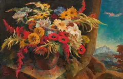 Ernst Nepo, Flower still life with a landscape view, 1959, oil on hardboard