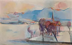 Anton Mahringer, Winter landscape with church of St. George, 1958, oil on canvas