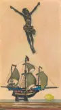 Arnold Clementschitsch, Still life with crucifix, sailboat model and lemon
