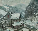 Ernst Huber, WInter landscape with mill, oil on canvas