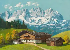 Wilder Kaiser with mountain farmstead in front by Karl Pancheri, oil on hardwood, sold Jul 2021