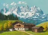 Karl Pancheri, Wilder Kaiser with mountain farmstead in front, oil on hardwood