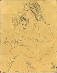 Giacomo Manzù, Madonna with child, reverse glass etching on beaten gold