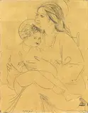Giacomo Manzù, Madonna with child, reverse glass etching on beaten gold