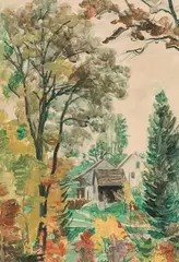 Landscape with houses by Paul Bodmer, watercolour on paper, offered Jul 2021