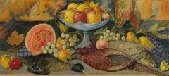 Leo Perlberger, Still life with fruit, poultry and fish, 1931, oil on canvas