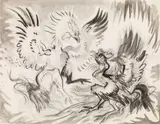 Fighting roosters by Ludwig Heinrich Jungnickel, charcoal and watercolour on paper, sold Jul 2021