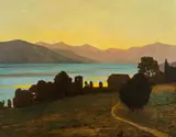 Eduard Kasparides, Evening mood at the lake (probably Attersee), oil on canvas