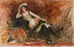 Josef Engelhart, Lady seated on a bearskin, oil on panel