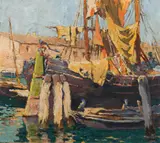 Franz Gruber-Gleichenberg, Boat in the harbour, oil on canvas