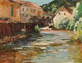 Franz Gruber-Gleichenberg, Houses on the river, oil on canvas