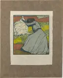 Max Kurzweil, Der Polster (Martha Kurzweil auf dem Divan sitzend), 1903, colour woodcut on thin Japanese paper, on gray-brown cardboard; unframed