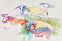 Maria Lassnig, Untitled (Sheep), watercolour on paper; framed