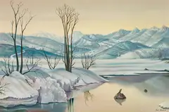 Winter landscape by Karl Hodina, oil and tempera on canvas on wood; framed, sold Jul 2021