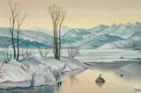 Karl Hodina, Winter landscape, oil and tempera on canvas on wood; framed