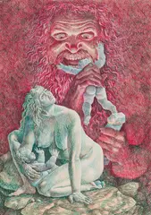 Peter Proksch, Cronus devouring his children, 1970, mixed media on paper; framed