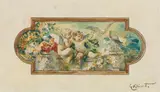 Ernst Klimt, Two putti with pigeons on a balustrade, c. 1883, watercolour, India ink, opaque white on paper