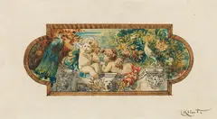 Ernst Klimt, Two putti with a peacock and a pigeon on a balustrade, c. 1883, watercolour, India ink, opaque white on paper
