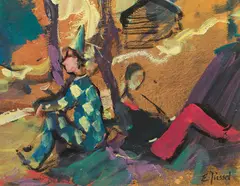 Eugen Jussel, Harlequin with muse, mixed media on paper