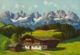 Karl Pancheri, Wilder Kaiser with farmhouse in front, oil on hardboard