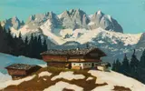 Karl Pancheri, Wilder Kaiser with mountain farmstead in front, oil on hardboard; unframed