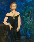 Maximilian Florian, Large portrait of a woman with bouquet, 1977, oil on canvas