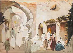 Albert Schmidt, Street scene in Morocco, mixed media on paper on cardboard; unframed