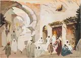 Albert Schmidt, Street scene in Morocco, mixed media on paper on cardboard; unframed