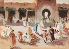 Albert Schmidt, Market scene in Morocco, mixed media on paper on cardboard; unframed