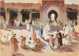 Albert Schmidt, Market scene in Morocco, mixed media on paper on cardboard; unframed