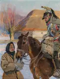 Girl and cuirassier on horseback by Wojciech Kossak, 1934, oil on hardboard, sold May 2021
