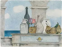 Herbert Breiter, Still life with bottles and fruit, 1984, watercolour on laid paper