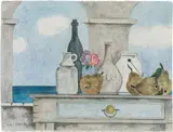 Herbert Breiter, Still life with bottles and fruit, 1984, watercolour on laid paper