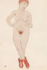 Hans Bohler, Standing nude with red shoes, 1912, mixed media on paper
