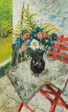 Karl Stark, Flower bouquet on a garden table, 1987, oil on hardboard