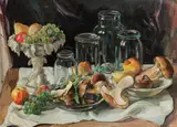 Wilhelm Kaufmann, Still life with mushrooms and glasses, c. 1950, oil on canvas on hardboard
