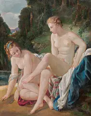 Wilhelm Kaufmann, Two female nudes in a landscape, oil on plate