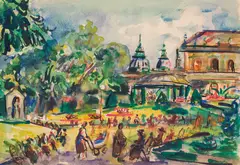 Wilhelm Kaufmann, Sunday at the Johann Strauss Monument, c. 1950, watercolour on paper
