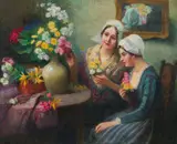 Carl Duxa, Flower girls from Holland, oil on canvas