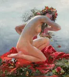 Ferenc Paczka, Seated nude with floral wreath, oil on canvas